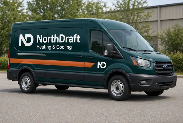 A dark green North Draft Heating and Cooling service van with a copper-orange stripe, parked outside the shop.