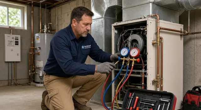 A North Draft technician kneels beside an open basement furnace, reading refrigerant pressures on a gauge set with his tool case open on the floor.